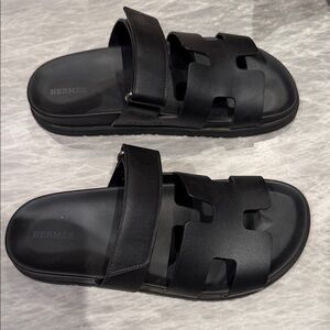 Hermes Chypre Black Leather Slide Sandals WOMEN SIZE 39